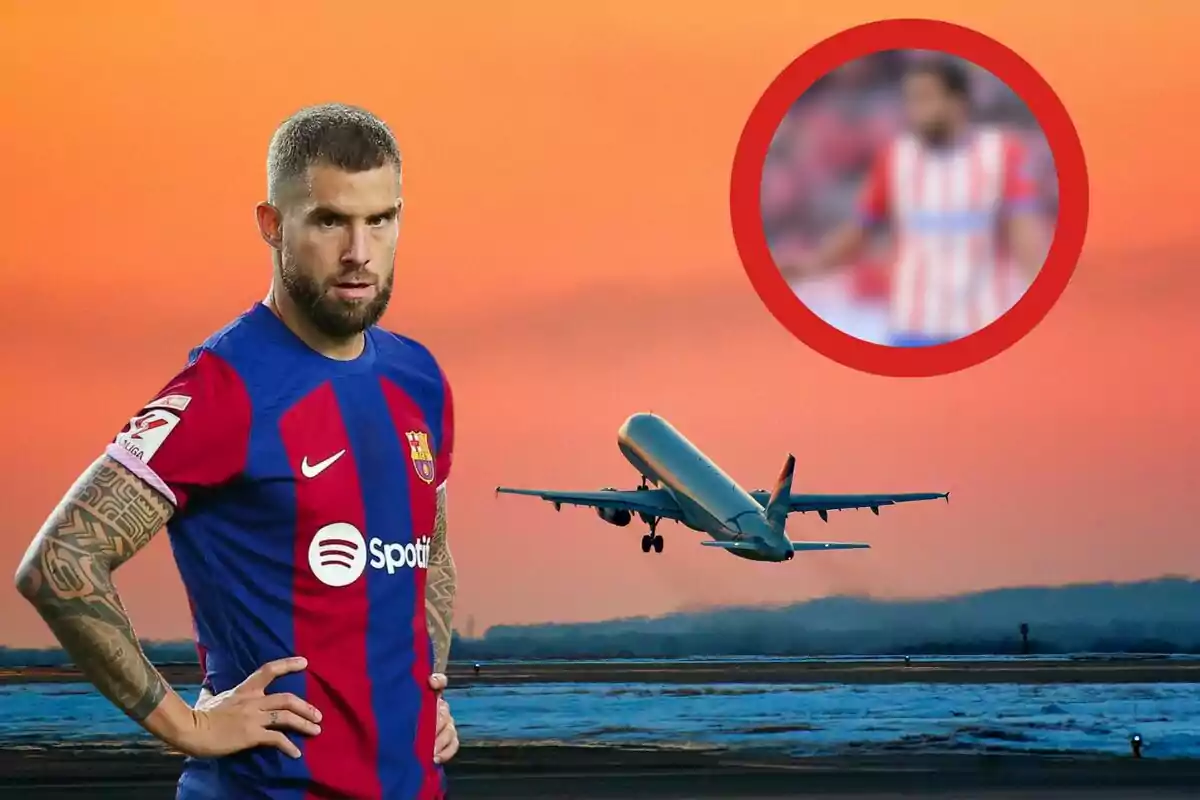 Un jugador de fútbol con la camiseta del FC Barcelona, un avión despegando y una imagen borrosa de otro jugador en un círculo rojo.