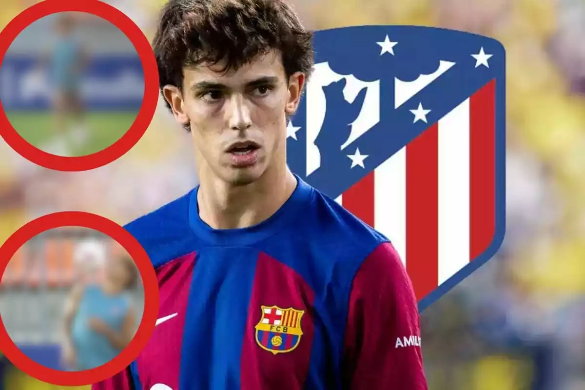 Un jugador de fútbol con la camiseta del FC Barcelona aparece en primer plano, con el escudo del Atlético de Madrid de fondo y dos imágenes borrosas en círculos rojos a la izquierda.