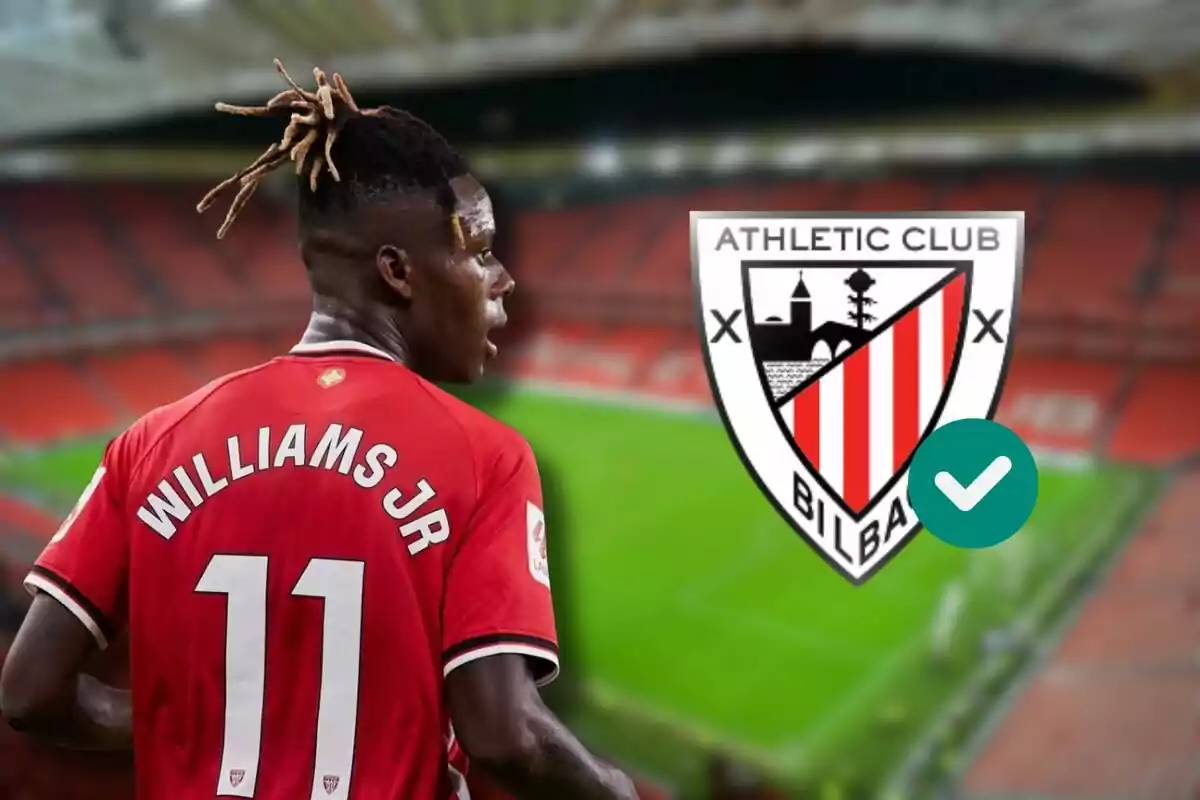 Jugador del Athletic Club de Bilbao con el nombre "Williams Jr" en su camiseta número 11, con el escudo del equipo al fondo.