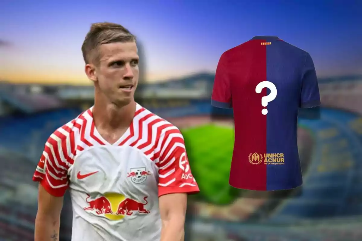 Un jugador de fútbol con la camiseta del RB Leipzig junto a una camiseta del FC Barcelona con un signo de interrogación en la espalda.