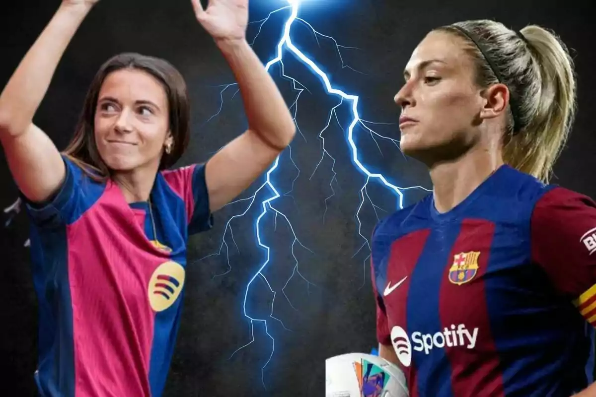 Dos jugadoras del FC Barcelona con uniformes del equipo y un fondo de rayos.