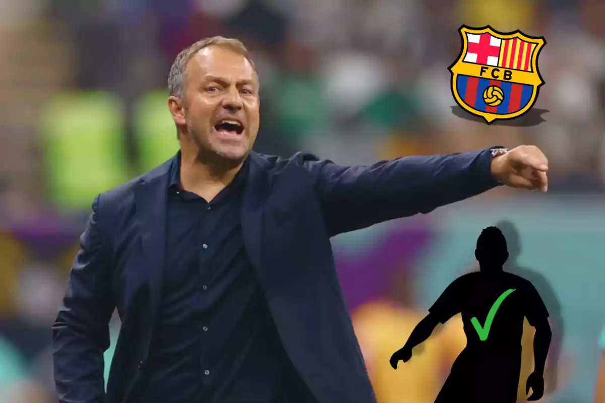 Un entrenador de fútbol gesticulando con el logo del FC Barcelona y la silueta de un jugador con una marca de verificación verde.