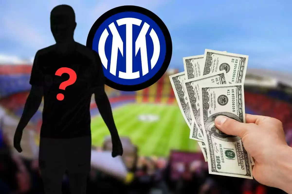 Una silueta de un jugador de fútbol con un signo de interrogación en el pecho, el logo del Inter de Milán y una mano sosteniendo billetes de dólar, con un estadio de fútbol desenfocado de fondo.