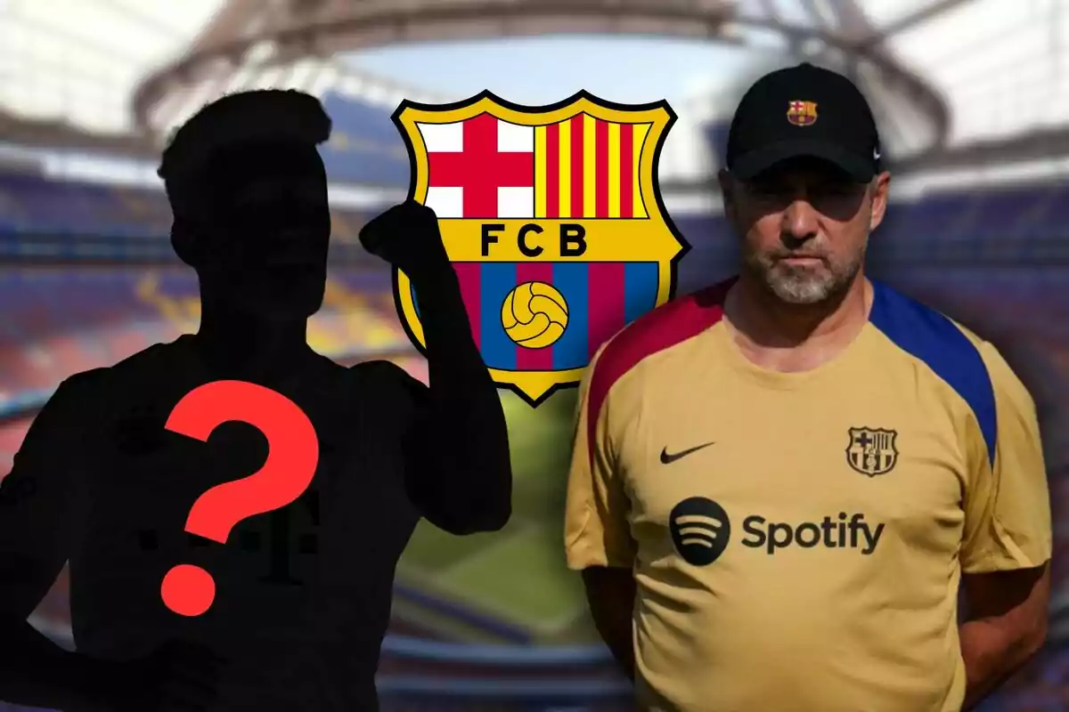 Un hombre con una camiseta de entrenamiento del FC Barcelona y una gorra del mismo equipo está de pie junto a un escudo del club, mientras que a su izquierda hay una silueta oscura de una persona con un signo de interrogación rojo sobre ella, todo esto en un estadio de fútbol.