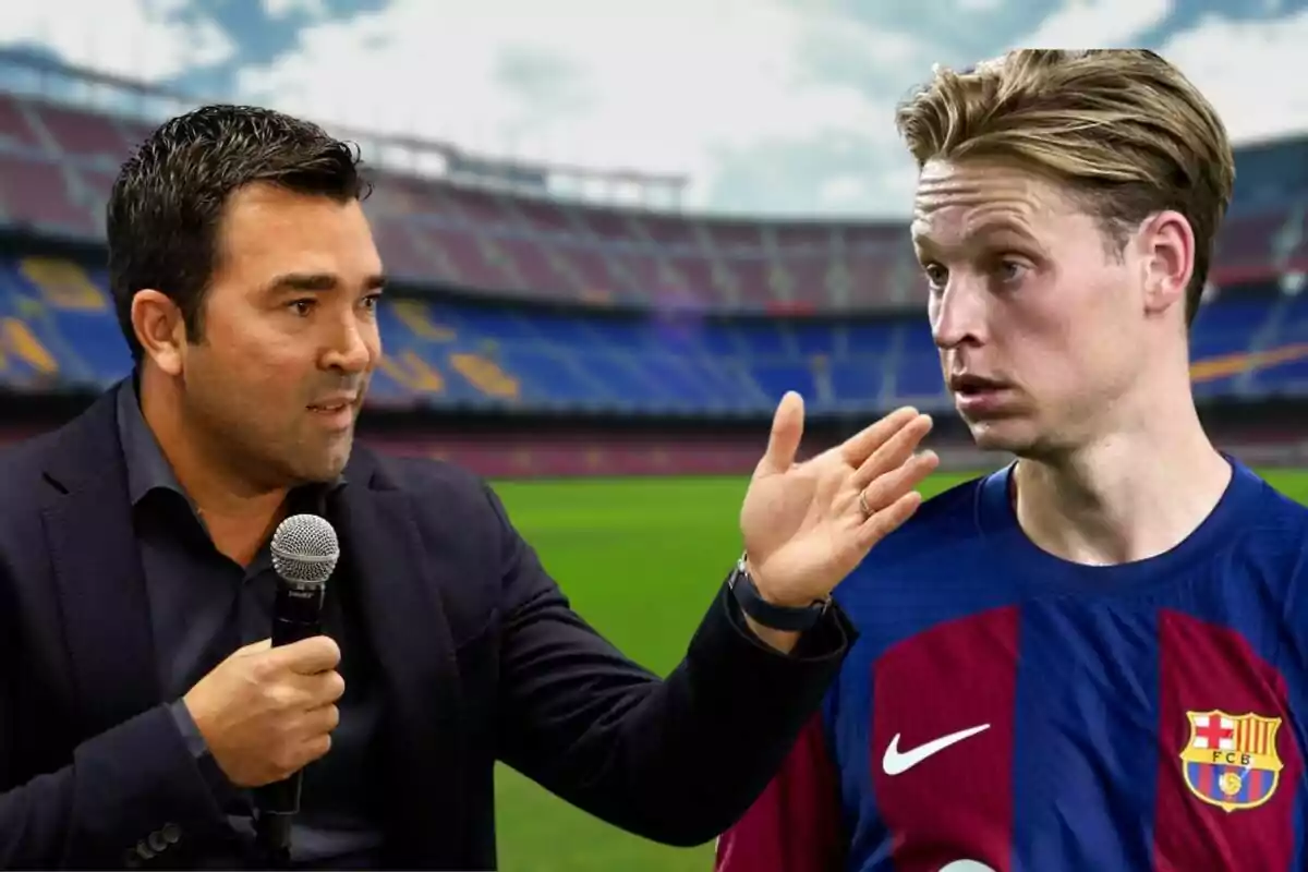 Un hombre con un micrófono hablando con un jugador de fútbol en un estadio.