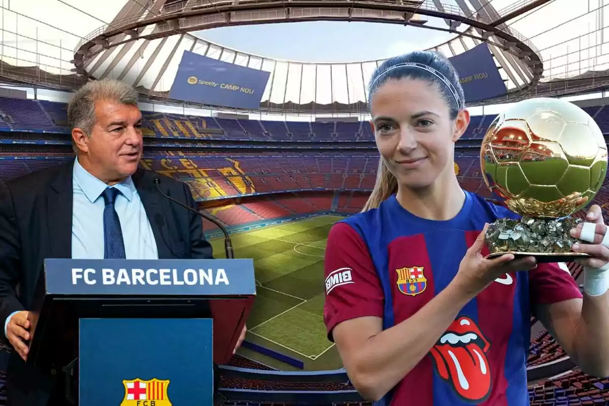 Un hombre hablando en un podio con el logo del FC Barcelona y una mujer sosteniendo un trofeo, con el estadio Camp Nou de fondo.