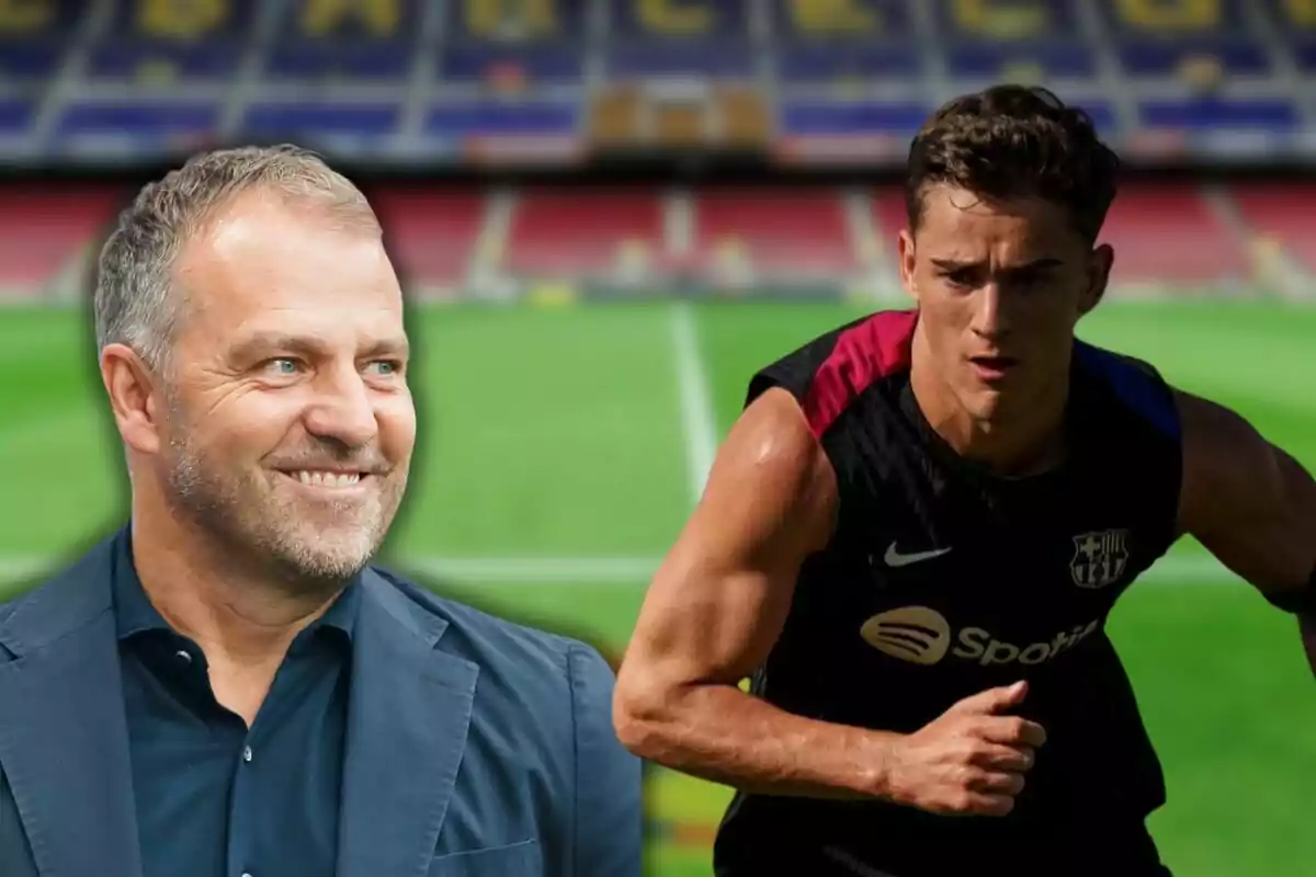 Un hombre de traje sonriente y un jugador de fútbol en acción con el uniforme del FC Barcelona, con un estadio de fondo.