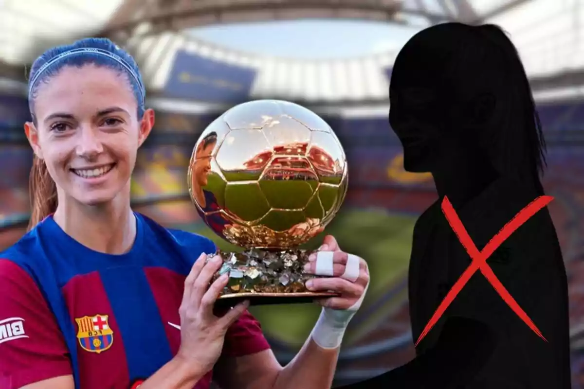 Una jugadora de fútbol del FC Barcelona sosteniendo un trofeo de Balón de Oro, con la silueta de otra persona tachada en el fondo.