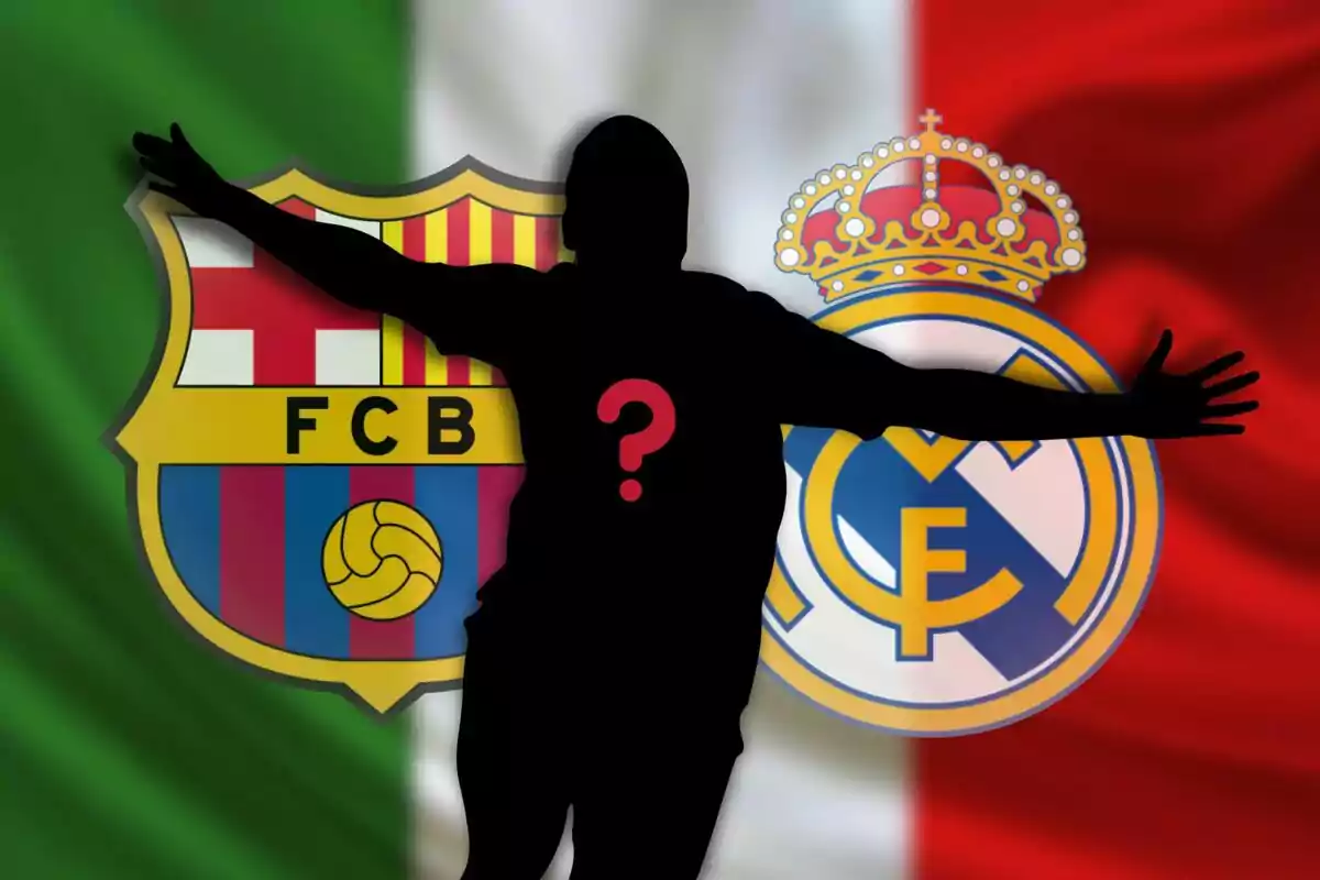 Silueta de un jugador de fútbol con un signo de interrogación en el pecho, con los escudos del FC Barcelona y el Real Madrid de fondo.