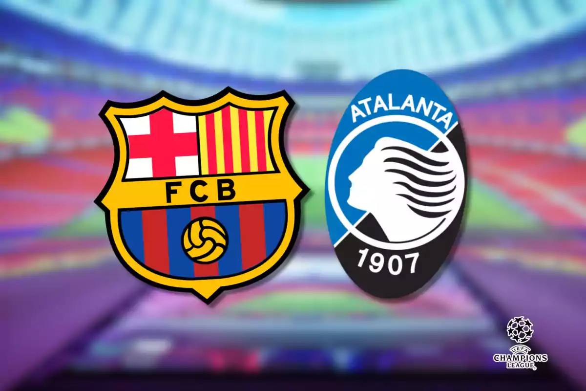 Barcelona and Atalanta football team emblems on a stadium background with the UEFA Champions League logo.