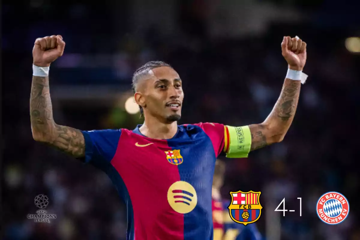 Un jugador de fútbol del FC Barcelona celebra con los brazos en alto durante un partido de la UEFA Champions League con el marcador mostrando 4-1 a favor del Barcelona contra el Bayern de Múnich.