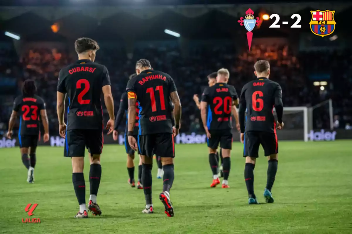 Jugadores de fútbol del Barcelona caminando en el campo durante un partido contra el Celta de Vigo con el marcador empatado a 2-2.