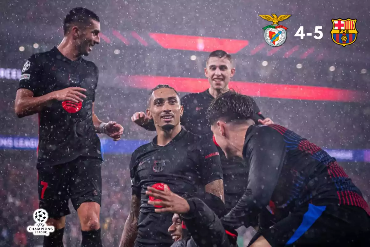 Football players celebrate in the rain during a UEFA Champions League match, with the score showing Benfica 4-5 Barcelona.