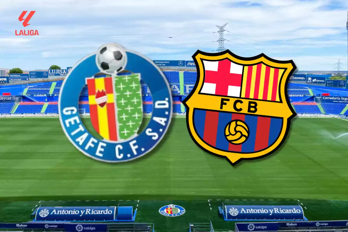 Logos of the Getafe CF and FC Barcelona teams on the background of a soccer stadium with the LaLiga logo in the corner.