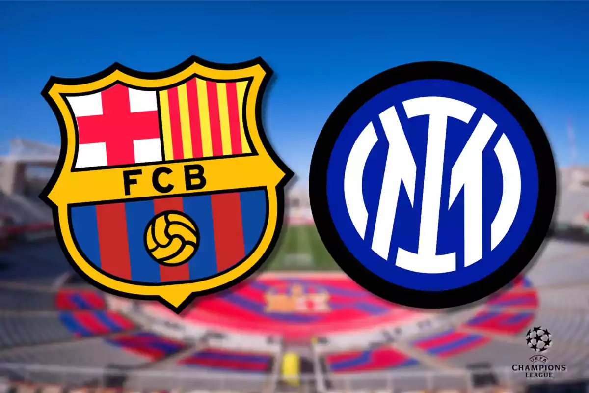 Escudos de dos equipos de fútbol sobre un fondo de estadio desenfocado con el logo de la UEFA Champions League en la esquina.