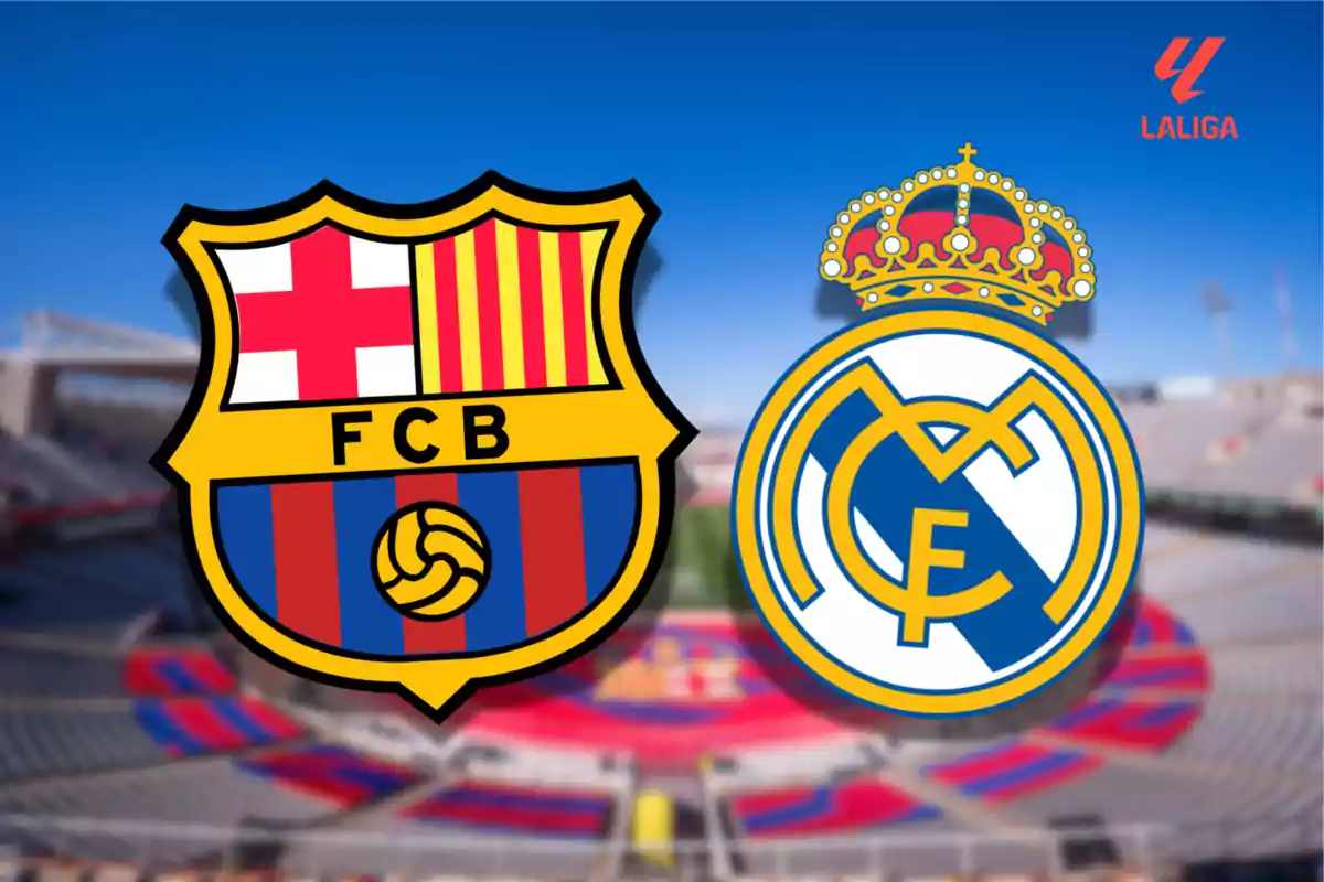 Shields of two soccer teams on a blurred stadium background with the LaLiga logo in the corner.