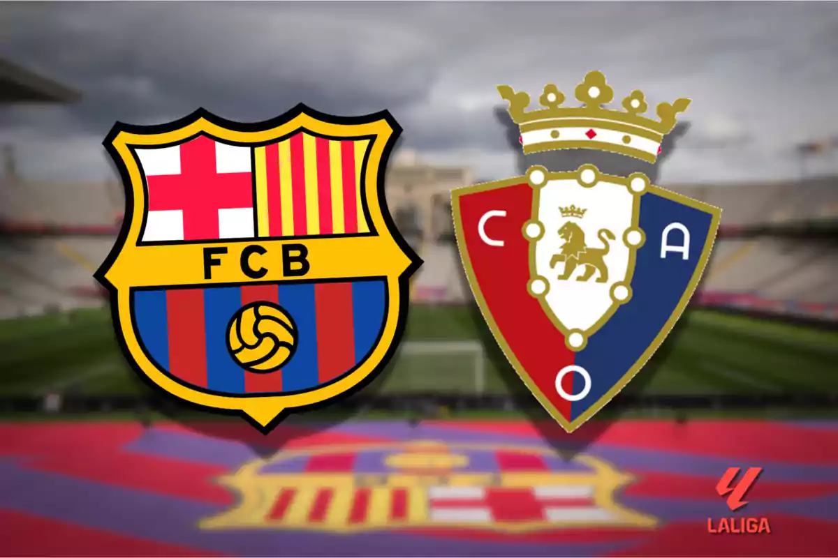 Badges of the Barcelona and Osasuna football teams on a stadium background with the LaLiga logo.