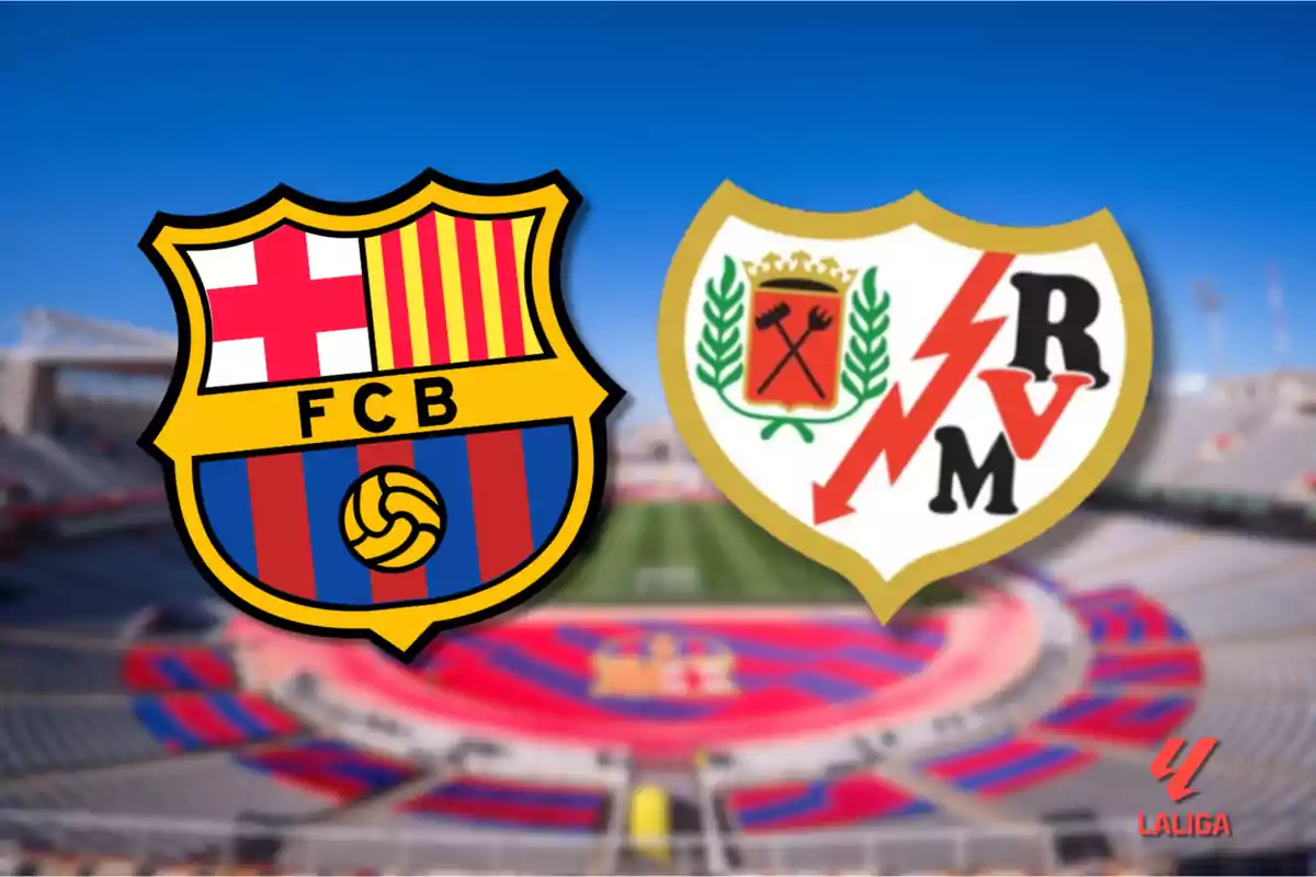 Logos of two soccer teams on a blurred stadium background.