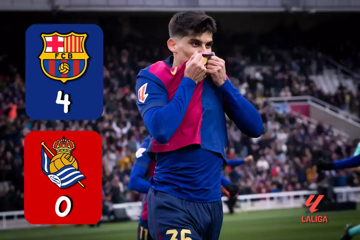 A player celebrates a goal by kissing his jersey, while the scoreboard shows FC Barcelona 4 and Real Sociedad 0, with the LaLiga logo in the corner.