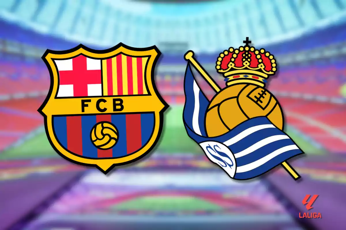 Badges of two soccer teams on a blurred stadium background with the LaLiga logo in the corner.