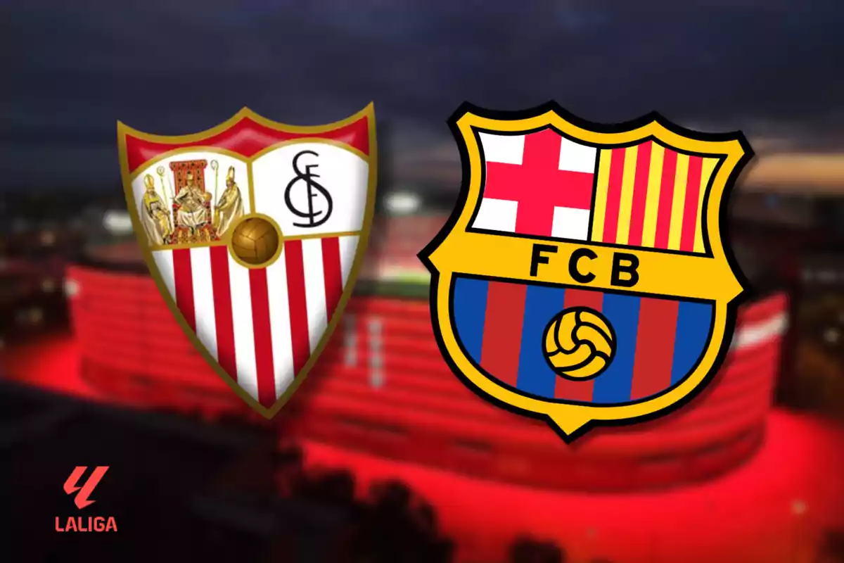 Shields of two soccer teams on a blurred background with the LaLiga logo in the corner.