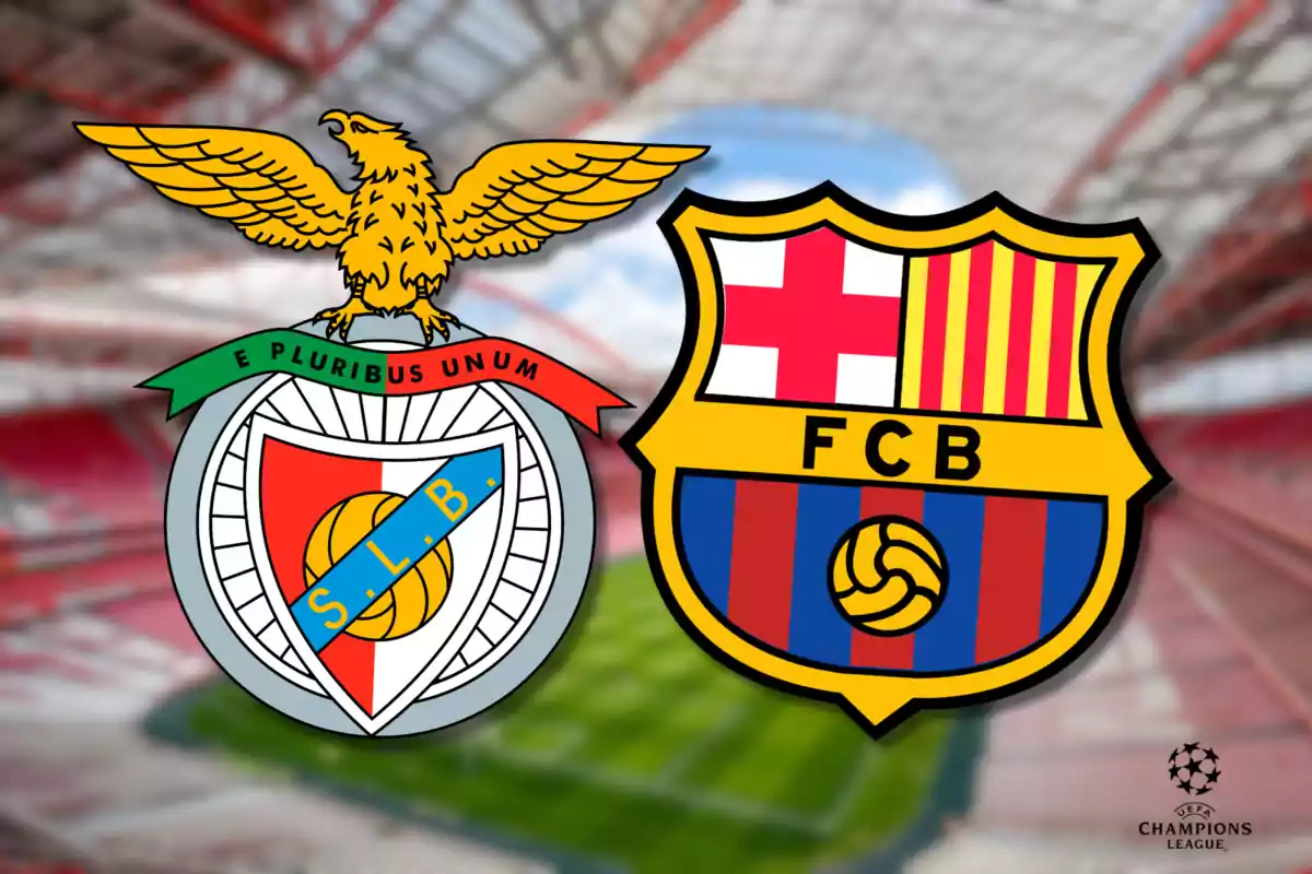 Benfica and Barcelona football team crests on a stadium background with the UEFA Champions League logo in the corner.