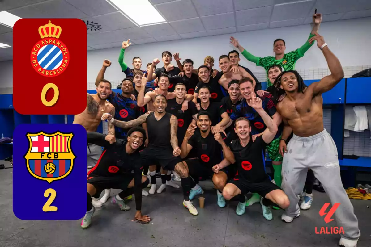 Jugadores de un equipo de fútbol celebran en el vestuario tras ganar un partido, con el marcador mostrando Espanyol 0 - Barcelona 2.