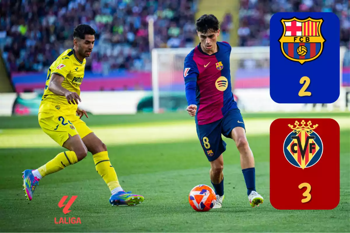 A Barcelona player and a Villarreal player compete for the ball in a LaLiga match, with the scoreboard showing 2-3 in favor of Villarreal.