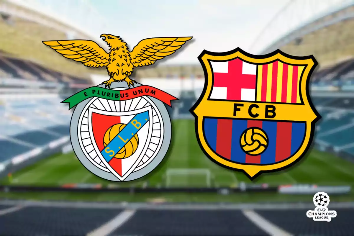 Benfica and Barcelona soccer team crests on a stadium background with the UEFA Champions League logo.