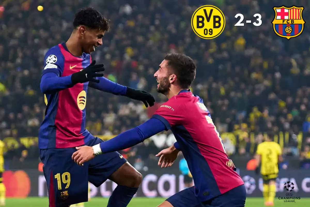 Jugadores del Barcelona celebran un gol en un partido de la UEFA Champions League contra el Borussia Dortmund, con el marcador mostrando 2-3 a favor del Barcelona.