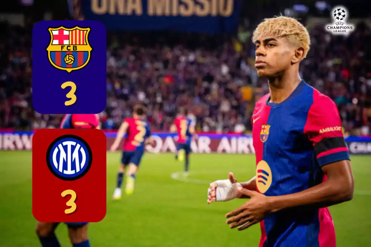 Un jugador de fútbol con el uniforme del FC Barcelona está en el campo, mientras que el marcador muestra un empate 3-3 entre el FC Barcelona y el Inter de Milán en un partido de la UEFA Champions League.
