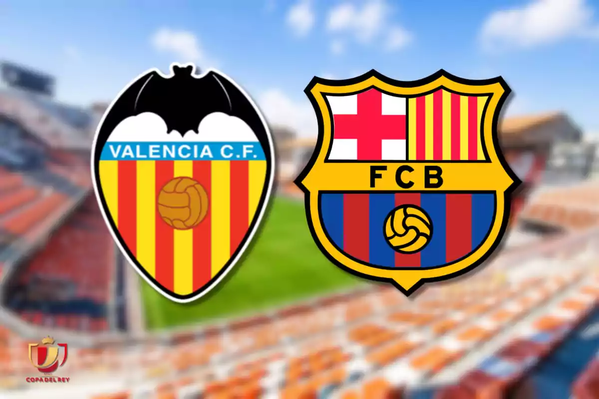 Valencia C.F. and F.C. Barcelona football team crests on a blurred stadium background.