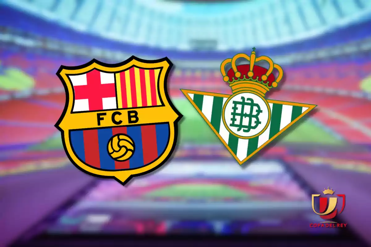 Barcelona and Betis soccer team emblems on a stadium background with the Copa del Rey logo.