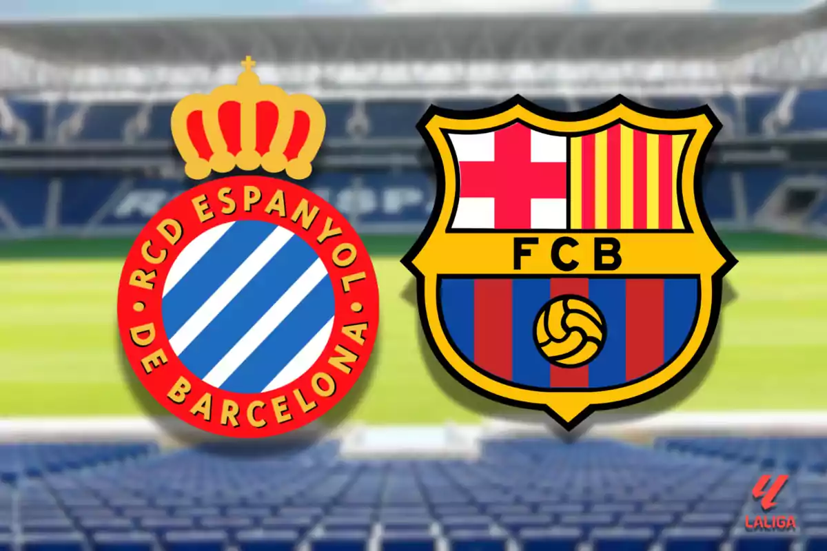 RCD Espanyol and FC Barcelona football team crests on a stadium background.