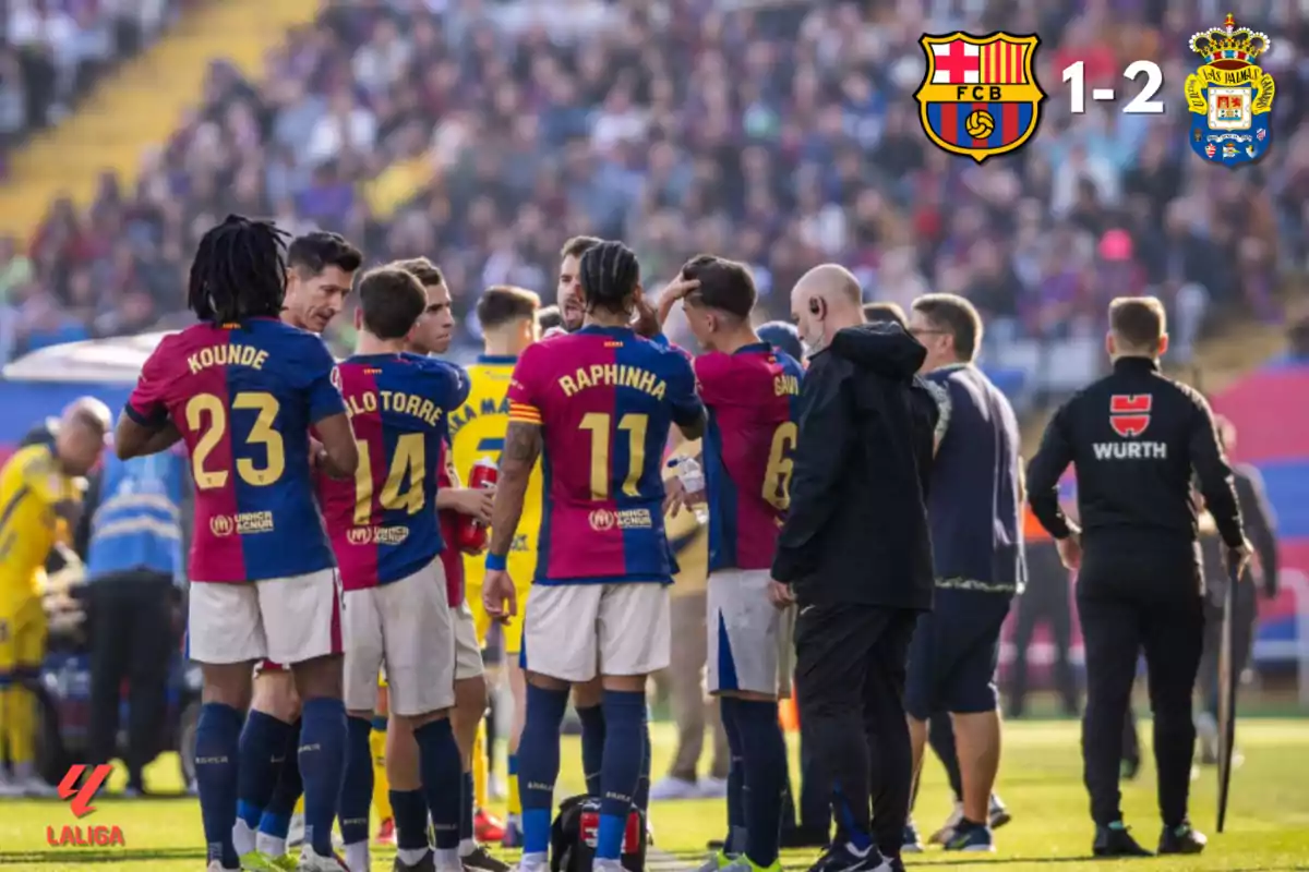 Jugadores del Barcelona en el campo durante un partido de LaLiga contra Las Palmas con el marcador mostrando 1-2 a favor de Las Palmas.