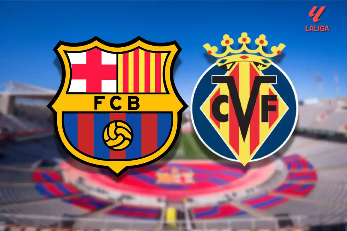 Badges of two soccer teams over a blurred stadium background with the LaLiga logo in the corner.