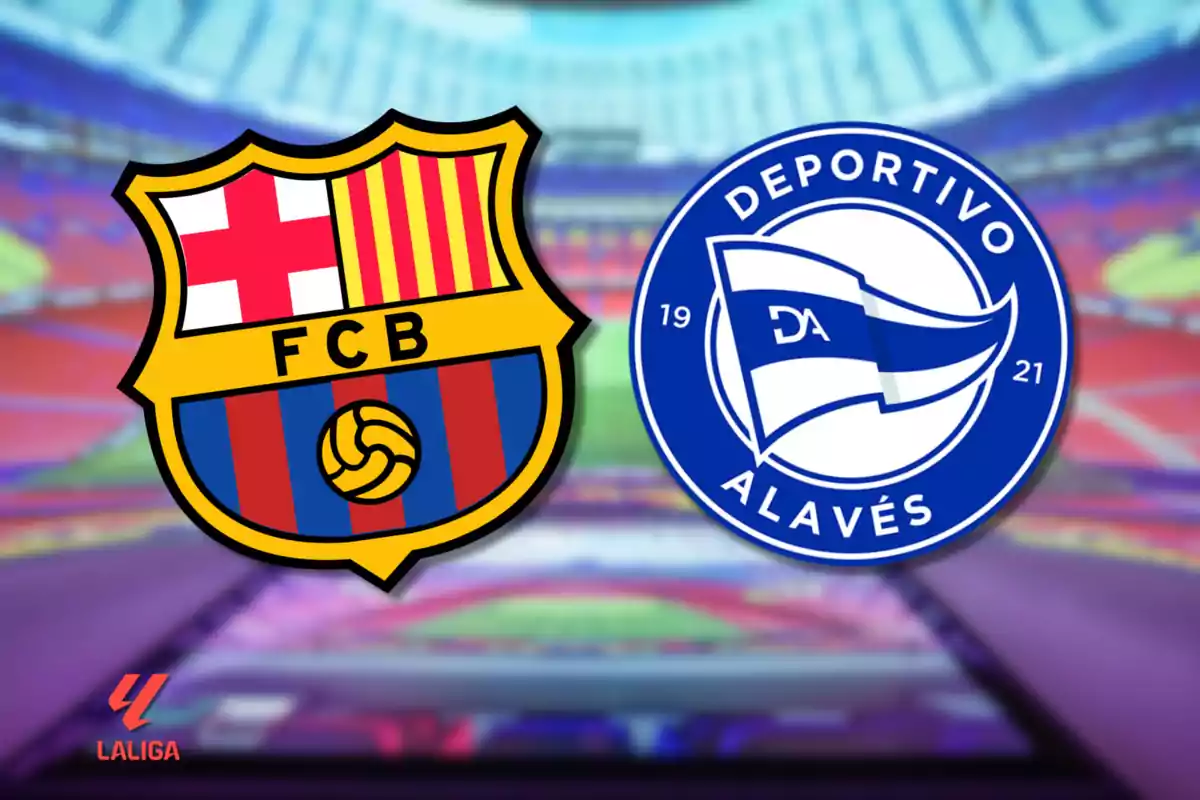 FCB and Deportivo Alavés football team crests on a stadium background.