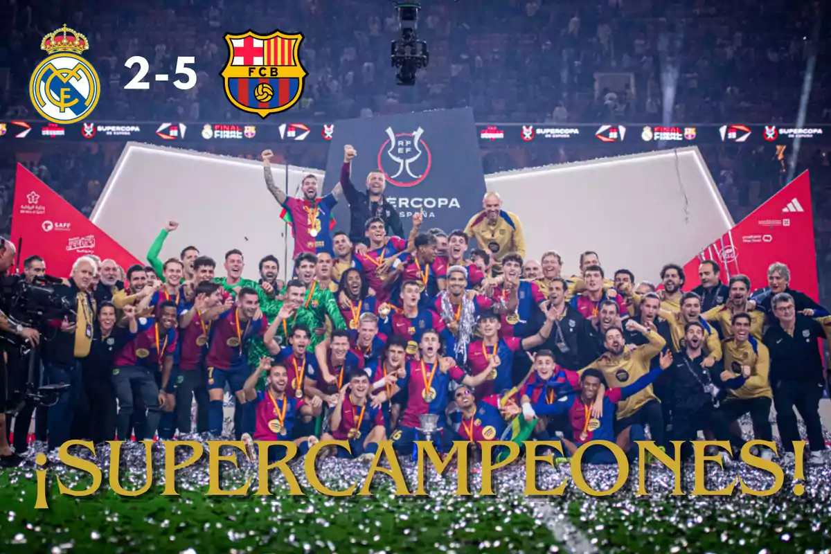 A soccer team celebrates their victory in the Spanish Super Cup with the final score showing 2-5.