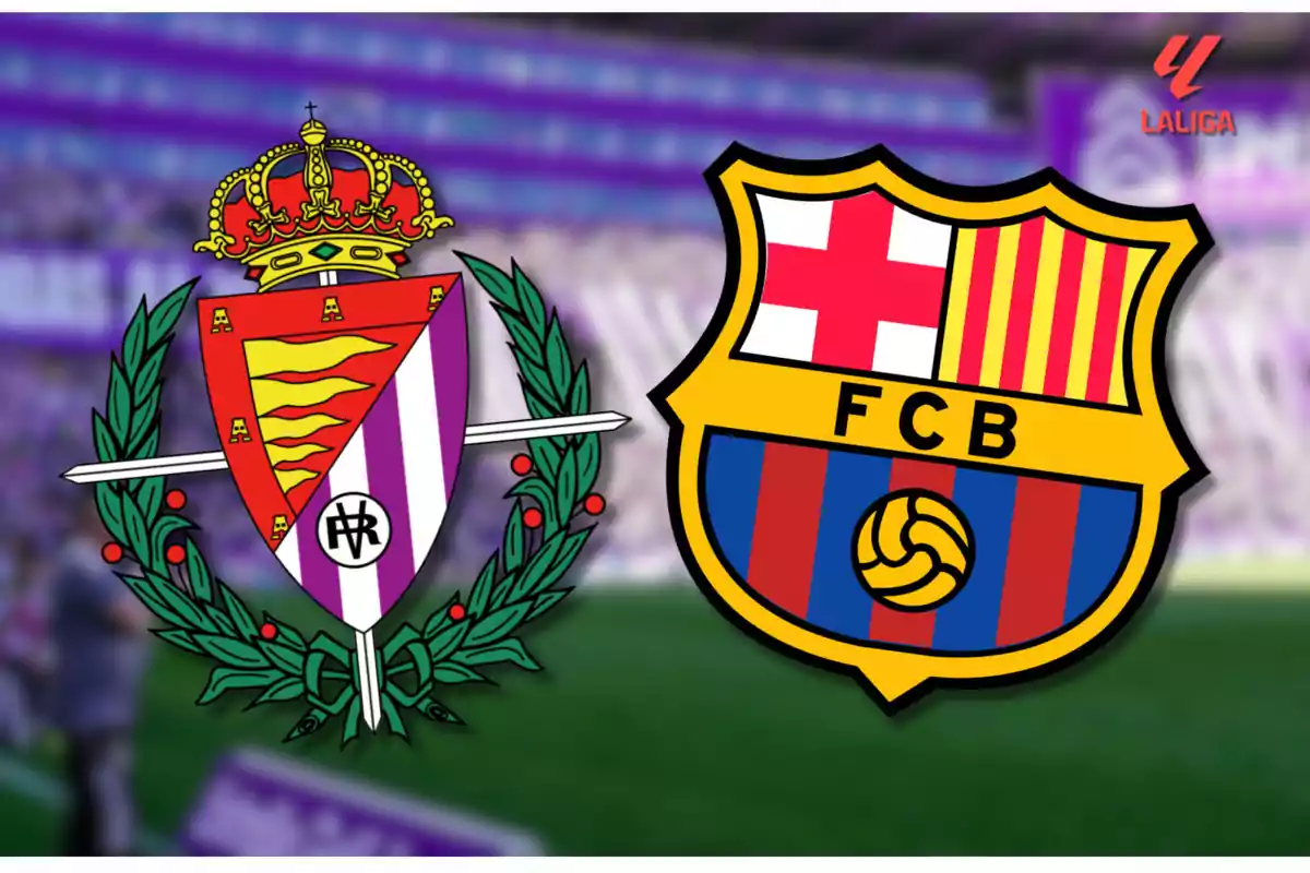 Shields of two soccer teams against a blurred background with the LaLiga logo in the top right corner.