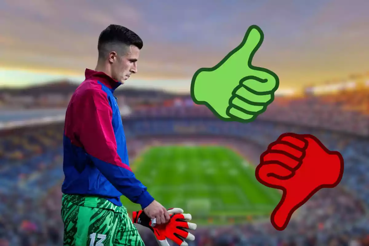 Un jugador de fútbol con uniforme colorido sostiene guantes mientras camina en un estadio con un atardecer de fondo y dos iconos de pulgar hacia arriba y hacia abajo flotan cerca.