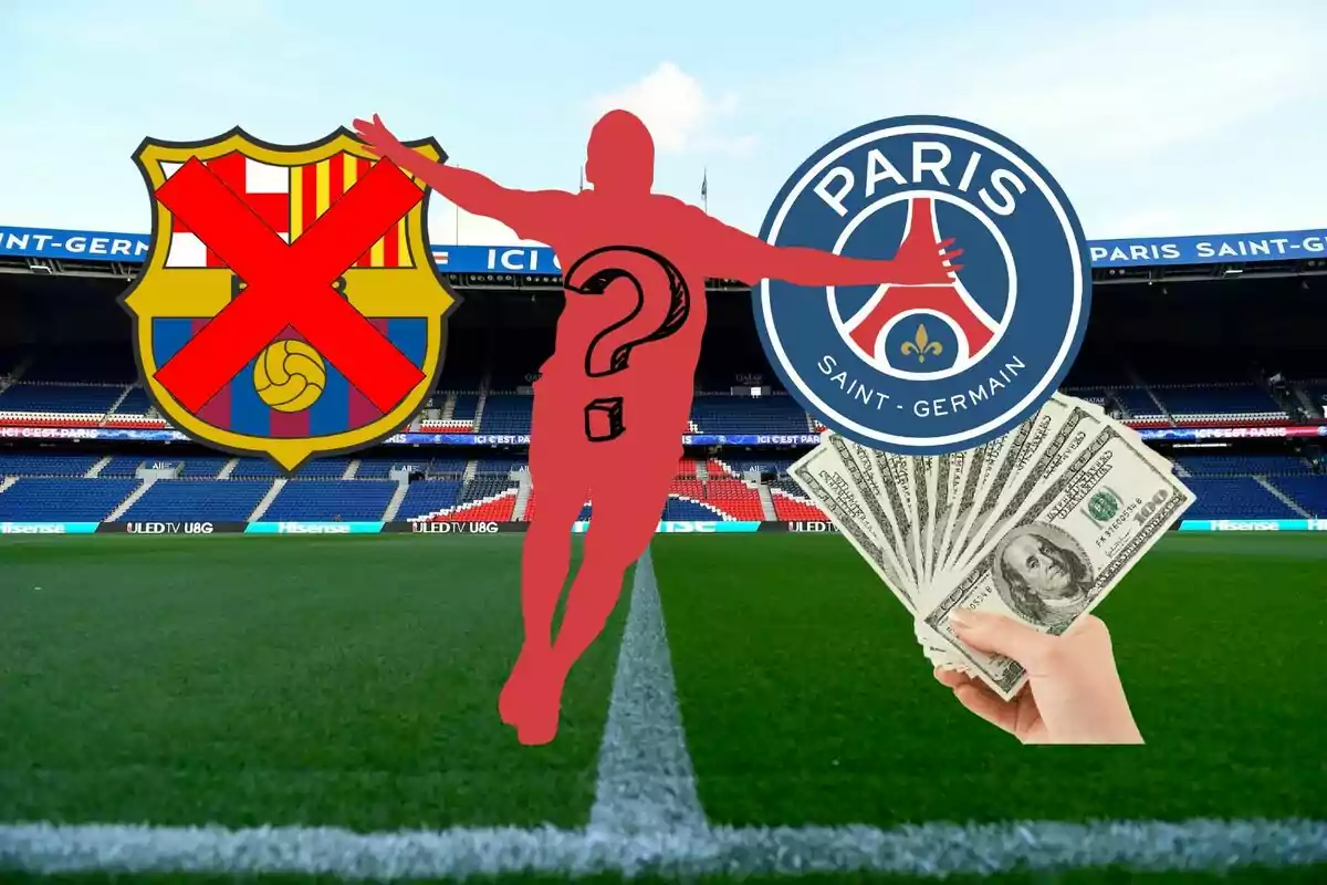 Silueta de jugador de fútbol con un signo de interrogación en el centro, un escudo del FC Barcelona con una cruz roja y un escudo del Paris Saint-Germain con una mano sosteniendo billetes de dólar.