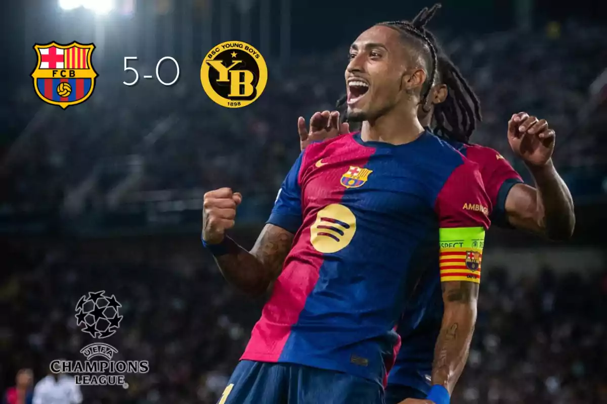 Un jugador del FC Barcelona celebra una victoria de 5-0 contra el BSC Young Boys en un partido de la UEFA Champions League.