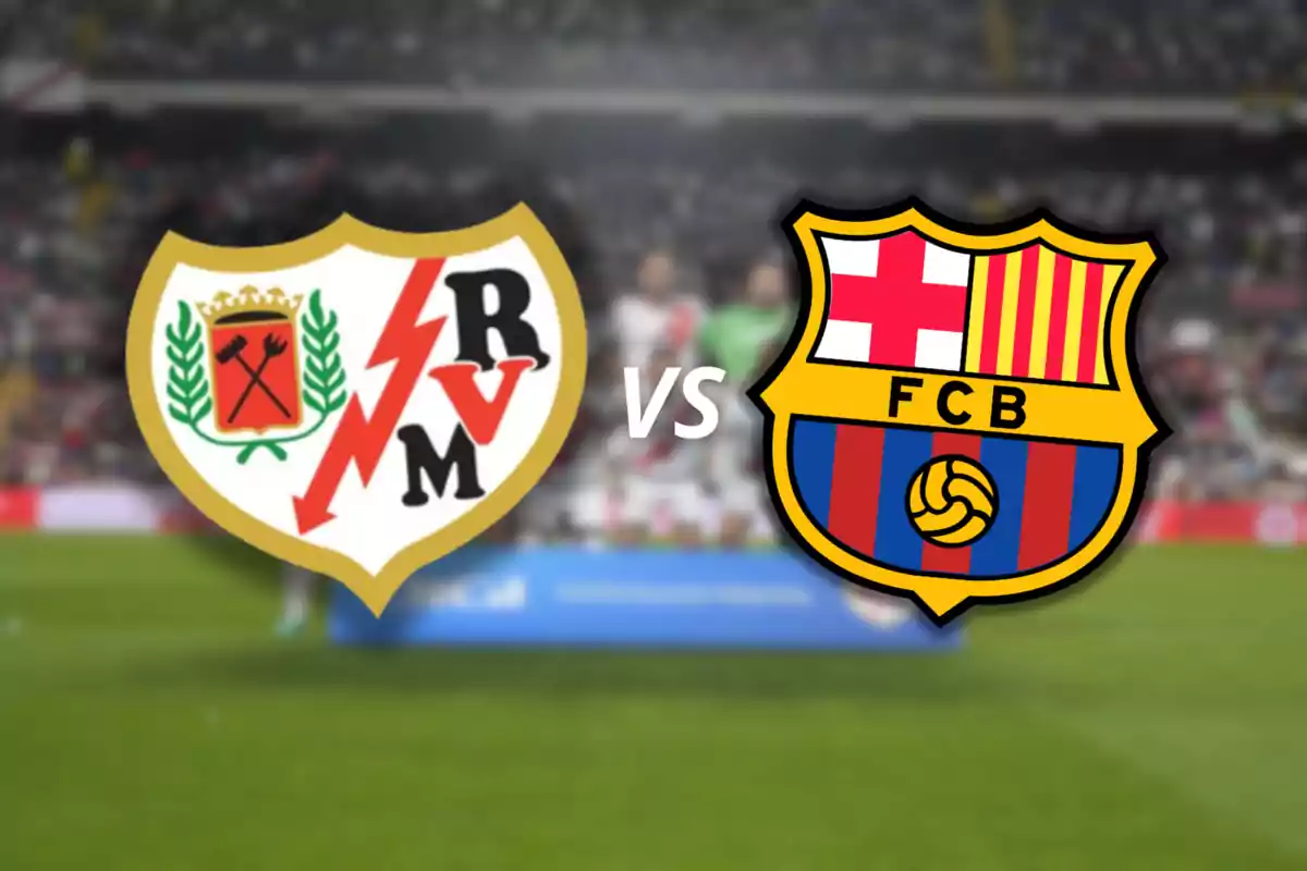 Escudos de los equipos de fútbol Rayo Vallecano y FC Barcelona enfrentándose en un partido.