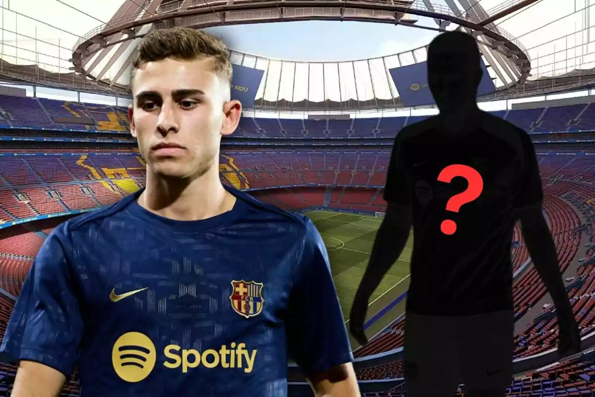 Un jugador del FC Barcelona con la camiseta azul marino y el logo de Spotify en el centro del campo del estadio, junto a una silueta de otro jugador con un signo de interrogación en el pecho.