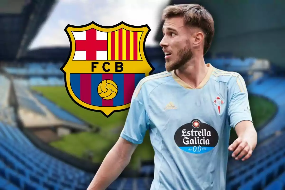 Un jugador de fútbol con la camiseta del Celta de Vigo en un estadio, con el escudo del FC Barcelona en el fondo.