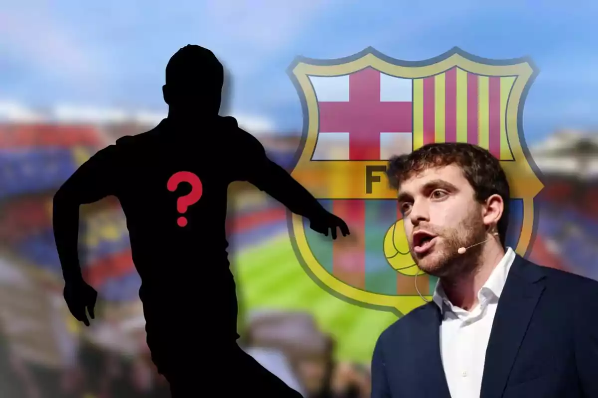 Un hombre hablando con un micrófono, una silueta de jugador con un signo de interrogación y el escudo del FC Barcelona de fondo.