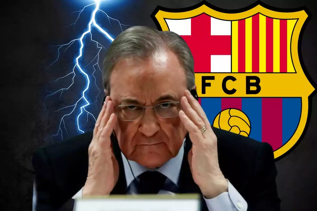 Hombre con gafas y traje oscuro tocándose la cabeza con las manos, fondo con un rayo y el escudo del FC Barcelona.