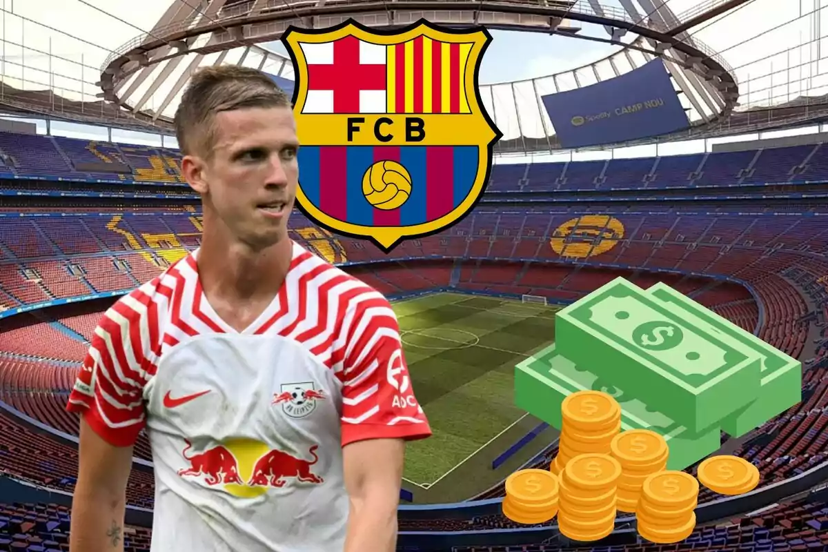 Un jugador del RB Leipzig con el estadio del FC Barcelona de fondo, el escudo del FC Barcelona y símbolos de dinero.