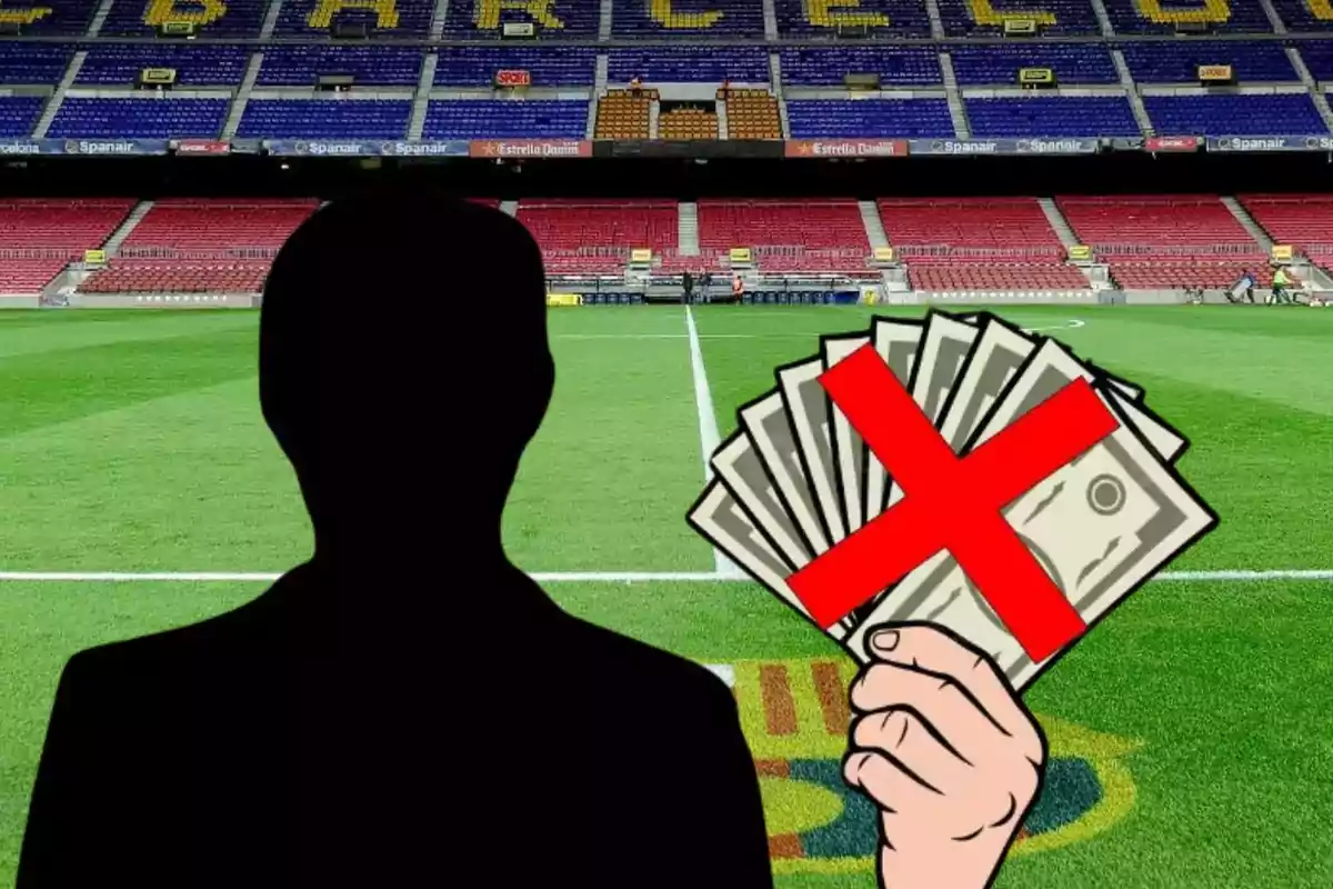 Una silueta de una persona sostiene un fajo de billetes con una cruz roja sobre ellos, con un estadio de fútbol vacío de fondo.