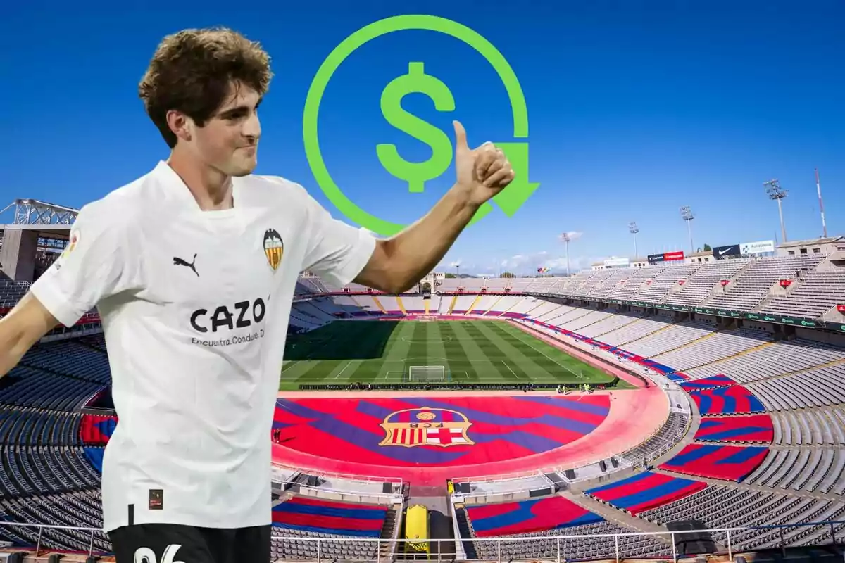 Jugador del Valencia CF con un símbolo de dinero sobre el estadio del FC Barcelona.